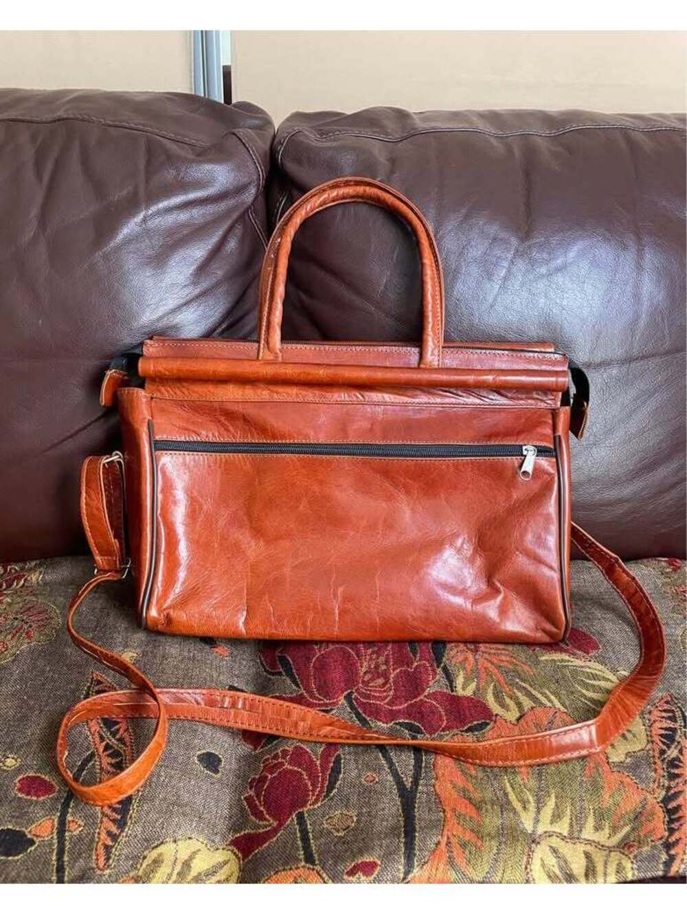 Vintage Cognac Brown Leather Satchel / Crossbody Bag